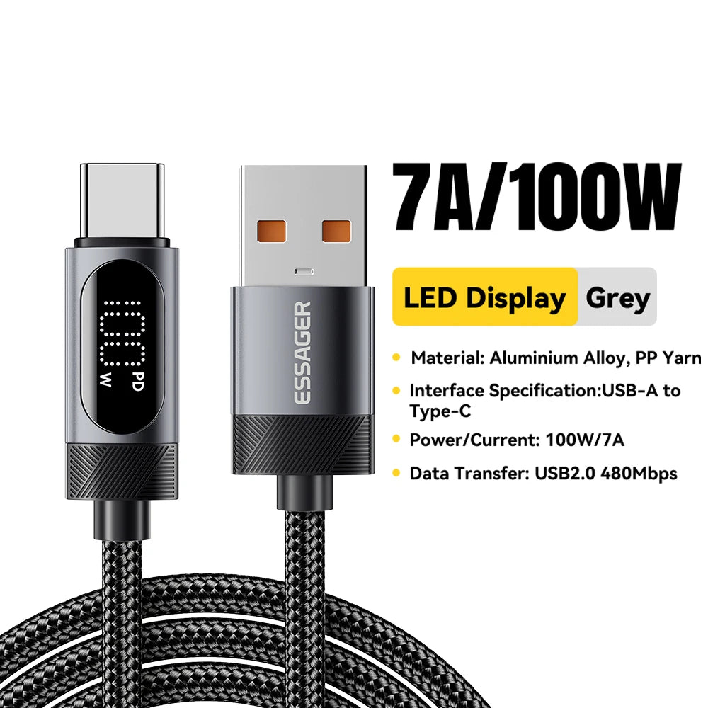 Digital Dispaly USB C Cable for Iphone 17 16 15 Xiaomi Huawei 100W PD Fast Charging for Macbook Ipad Type C to C Cable