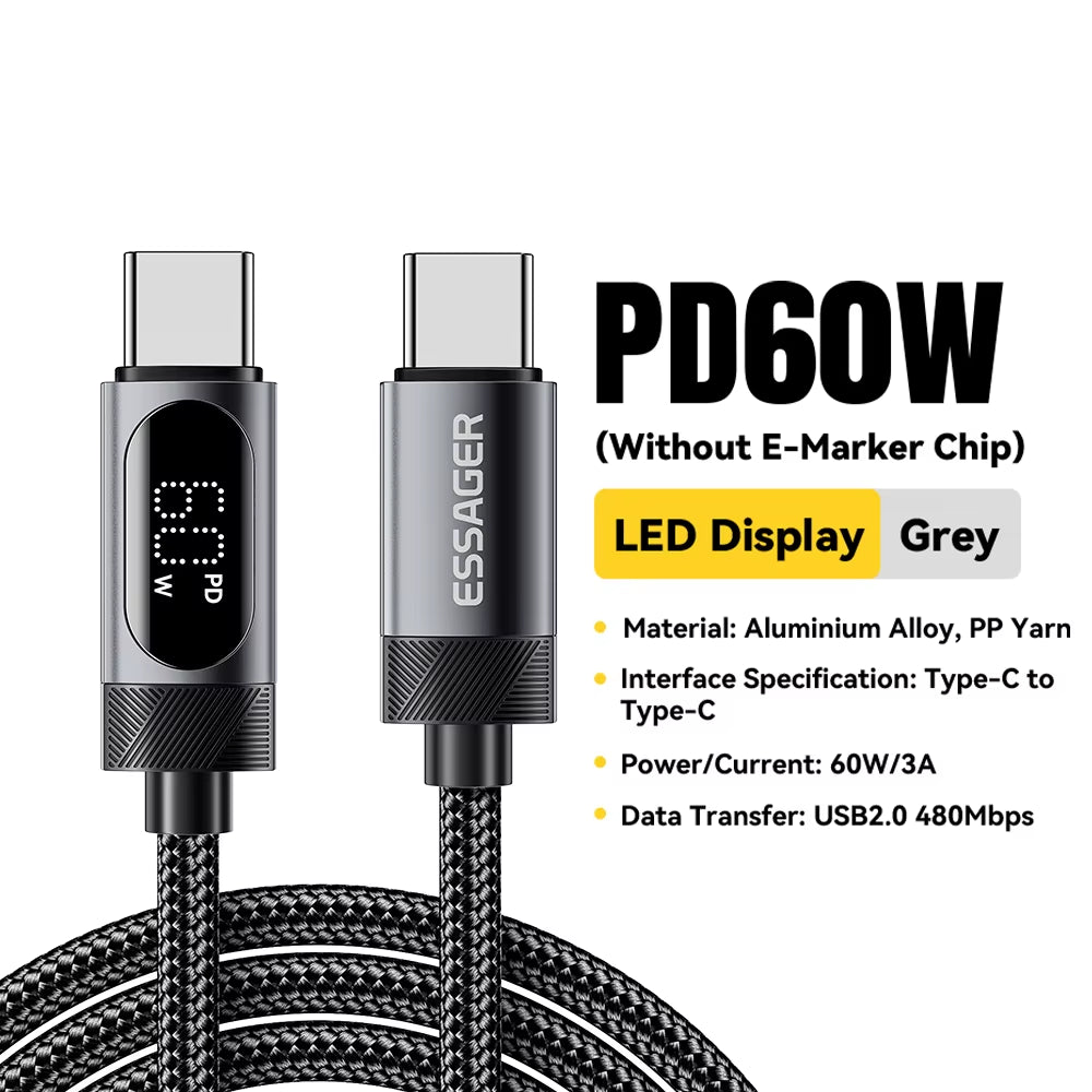 Digital Dispaly USB C Cable for Iphone 17 16 15 Xiaomi Huawei 100W PD Fast Charging for Macbook Ipad Type C to C Cable