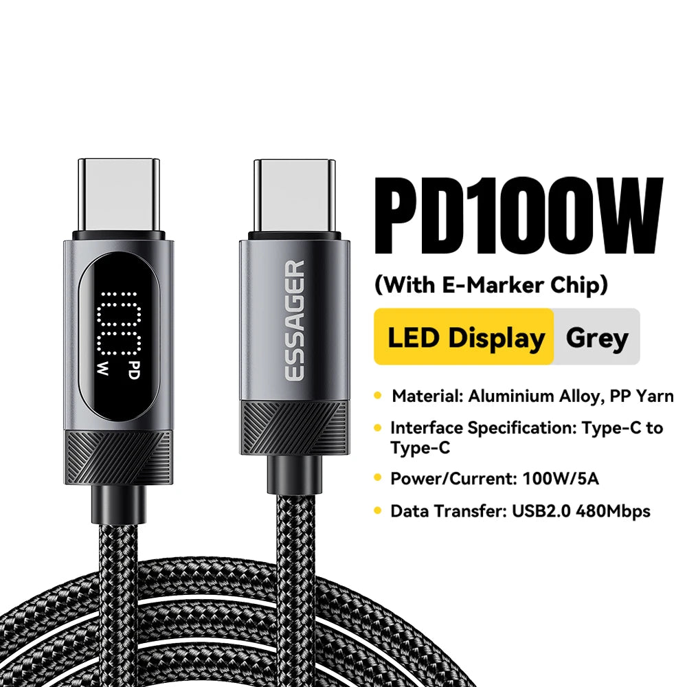 Digital Dispaly USB C Cable for Iphone 17 16 15 Xiaomi Huawei 100W PD Fast Charging for Macbook Ipad Type C to C Cable