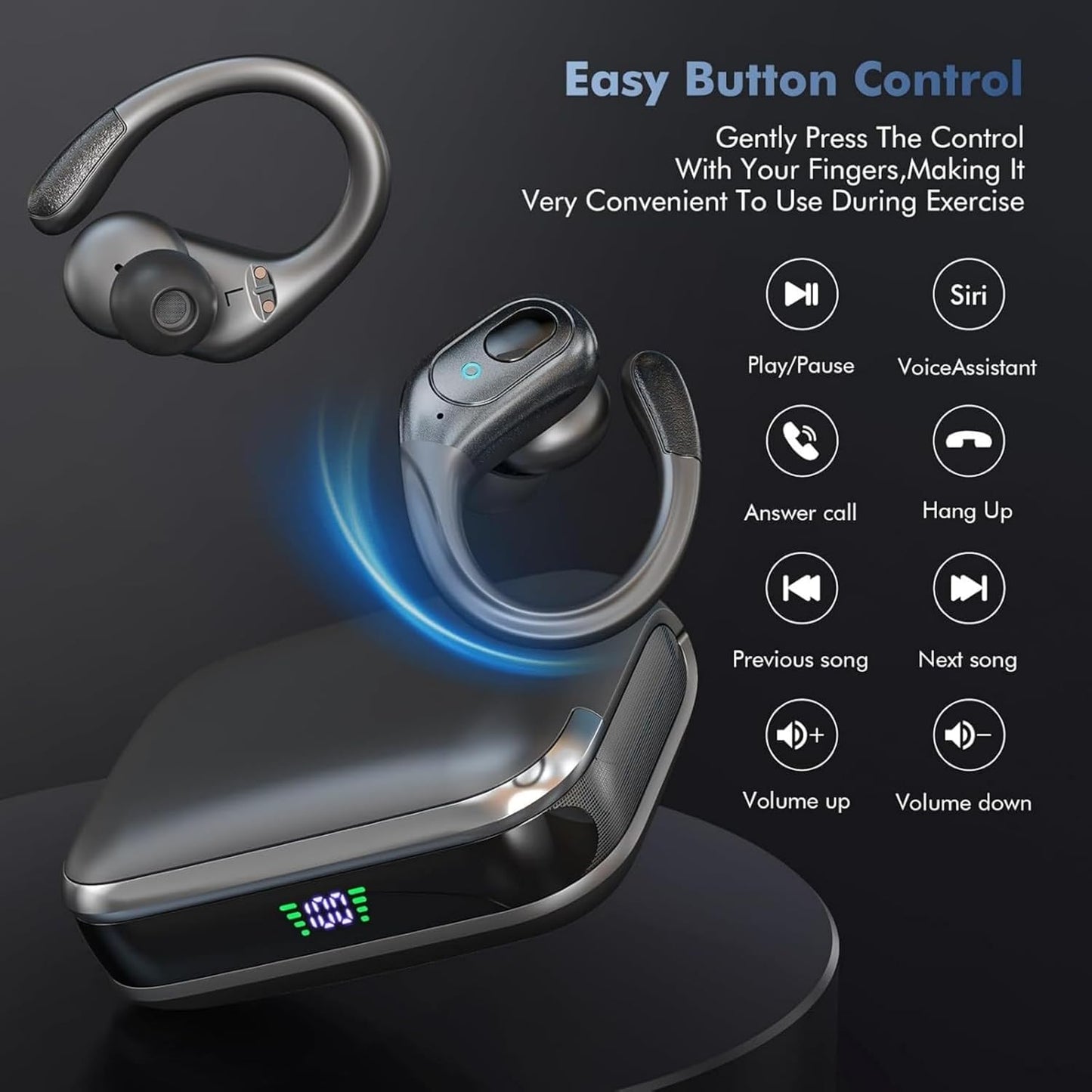 Wireless Earbuds Bluetooth 5.4 Headphones, Noise Canceling Ear Buds with 75Hr Playtime, LED Power Display, IPX7 Waterproof Earphones over Ear Earphones for Sports/Workouts