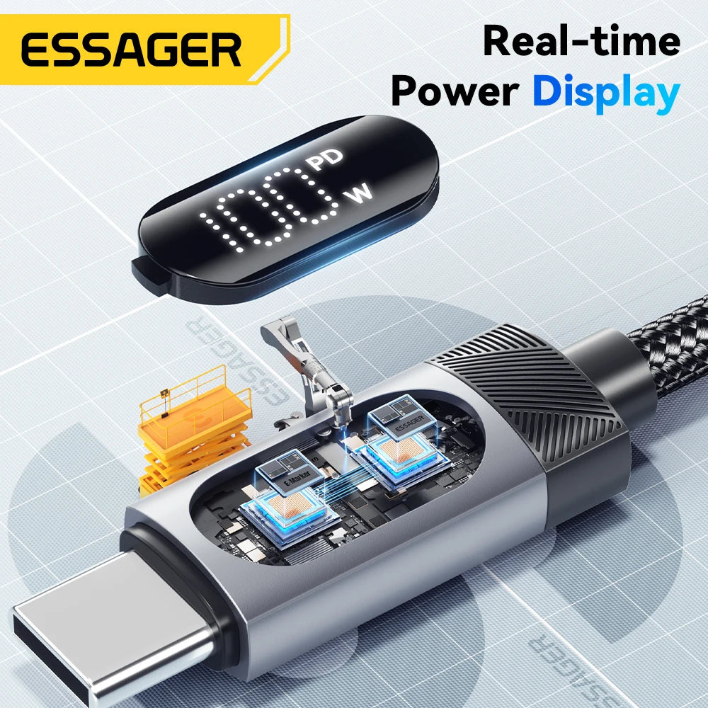 Digital Dispaly USB C Cable for Iphone 17 16 15 Xiaomi Huawei 100W PD Fast Charging for Macbook Ipad Type C to C Cable