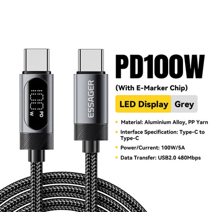 Digital Dispaly USB C Cable for Iphone 17 16 15 Xiaomi Huawei 100W PD Fast Charging for Macbook Ipad Type C to C Cable