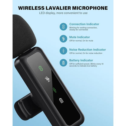 Mini Microphone Wireless Lavalier for Ipad Android 2-Pack Mic with Noise Reduction Auto Pairing and Mute & Reverb Vlogging Video Recording Live Streaming Interview